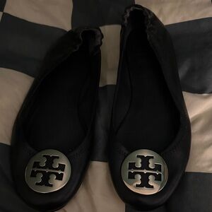 Tory Burch Black Flats with Silver Logo